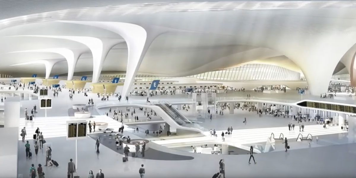 O novo visual do Aeroporto Internacional de Pequim Daxing quando finalizado em 2018.